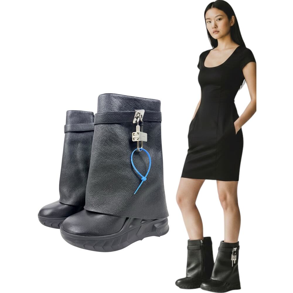 Givenchy Shark Lock Grained Calf Leather Wedge Biker Boots Black Size 39